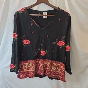 Forbidden Long Sleeve‎ V-neck Shirt Beaded Sequin Women's Size XL Black Y2K Boho